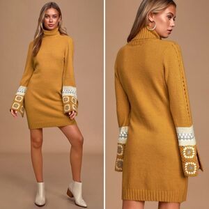 Lulu's Its Groovy Sweater Dress Mustard Multi Knit Turtleneck Long Sleeve S